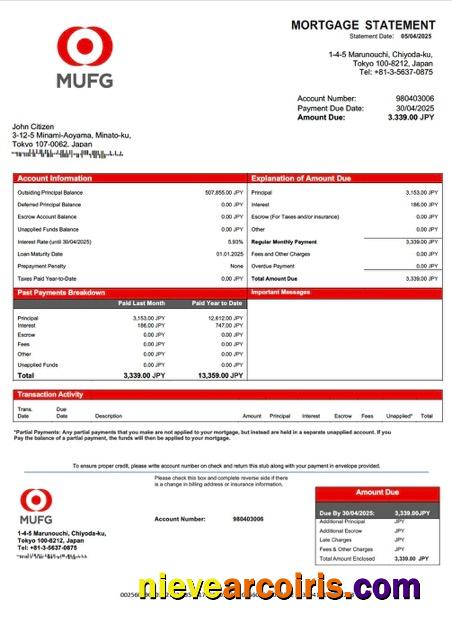 Japan The Bank of Tokyo-Mitsubishi UFJ (MUFG) mortgage statement Word and PDF template